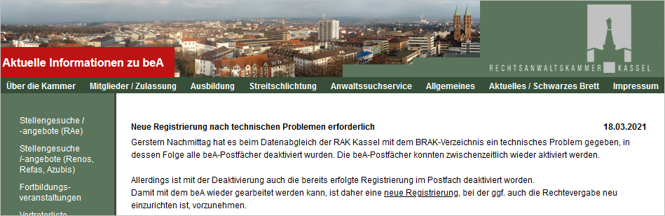 beA Postfächer der RAK Kassel deaktiviert